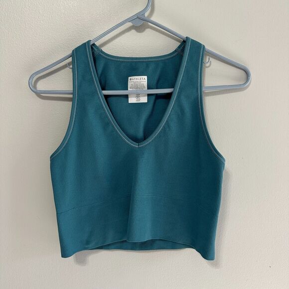 Athleta Womens Aurora Seamless Crop Rib Tank Top Medium Teal Blue Cropped V-Neck - Picture 1 of 3